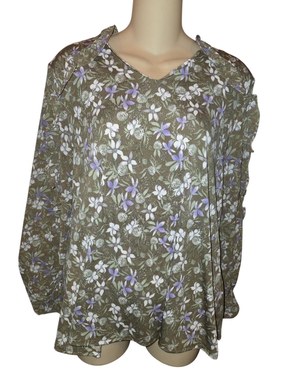 Ladies Olive Floral V-Neck Blouse - Cato Womens Medium New With Tags